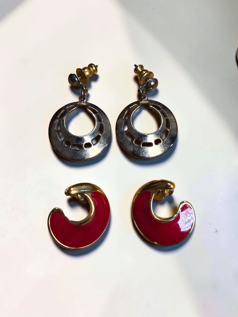 Vintage Gold Tone Red Enamel & Silver Tone Hoop Earrings 2 Pair